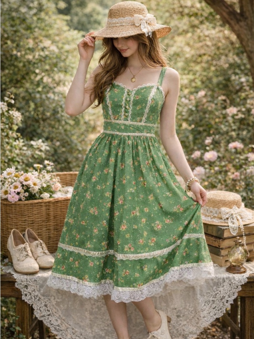 Gunne Sax Green Floral Midi Dress with Lace Trim
